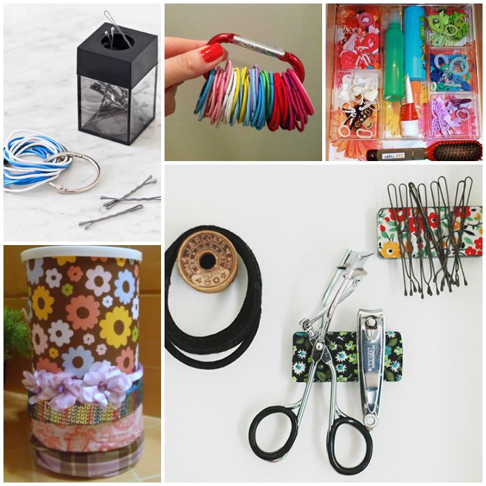 Organize hair accessories, paper clip holder with bobby pins, elastics on a ring, decorated Pringles can, hair elastic on D-ring, drawer organizer, magnet holders