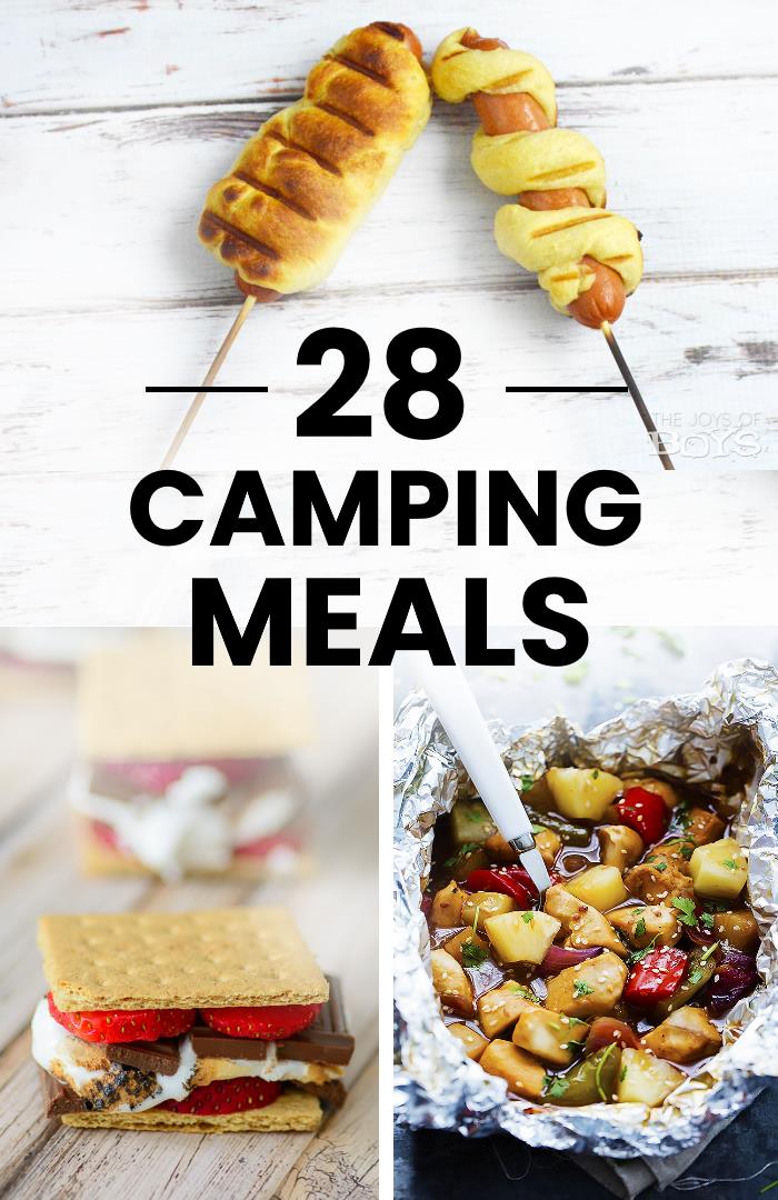 collage of camping food ideas - hot dogs, s'mores, and foil packet meal