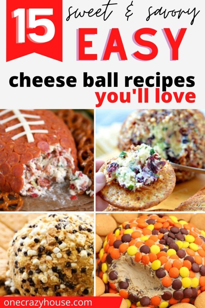 Pinterest pin: easy cheeseball recipes- football pepperoni cheeseball, cranberry cheeseball, smores, and reese's cheesball