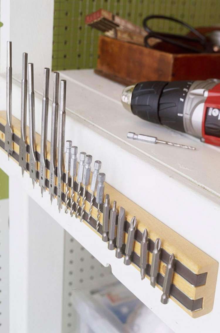 Garage shelves- drill, drill bits, trays with tools