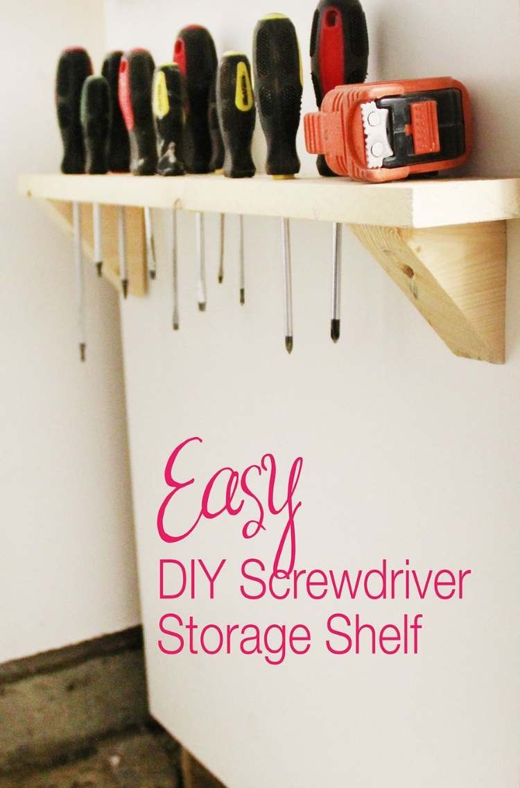 DIY Screwdriver Storage- hanging wood shelf with drill holes for screw drivers to hang