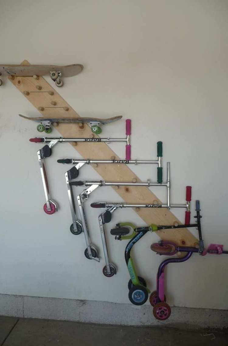 Diagnal Rack with stakes- hanging scooters, and skateboards