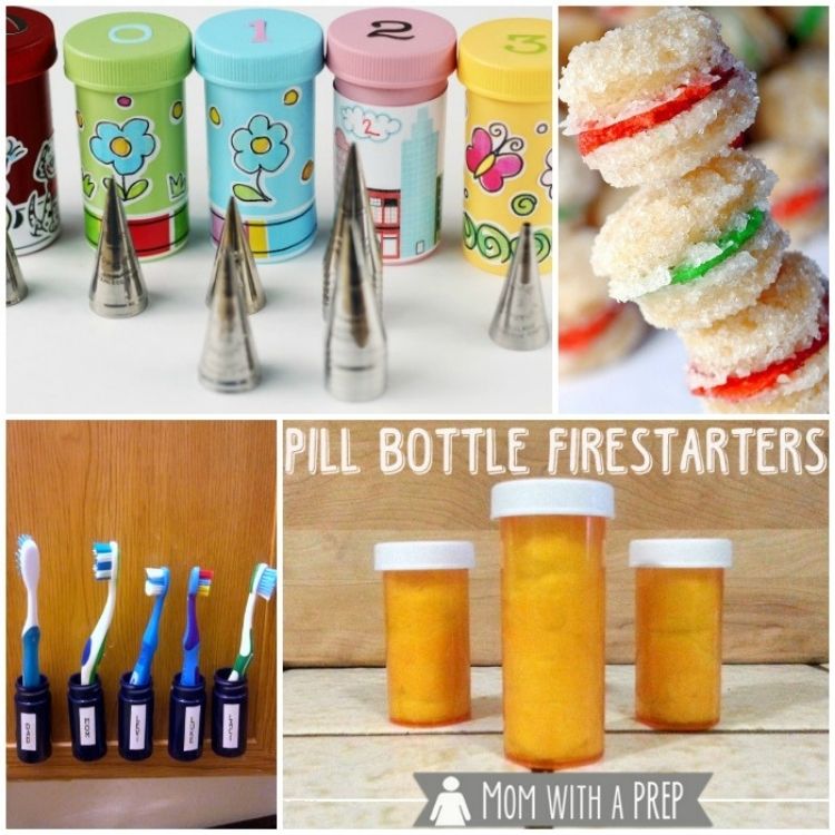 Collage of smart and crafty pill bottle repurpose ideas, tooth brush holders, cookies, firestarters and storage