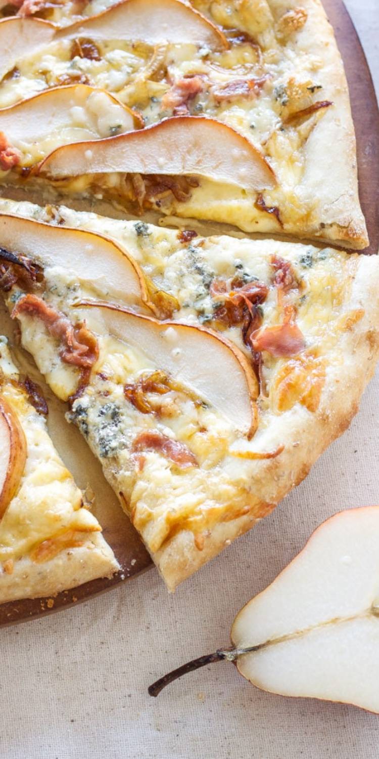 Yummy & Delicious Pizza Toppings, Pear and gorgonzola gourmet pizza bread. Pizza topping ideas.