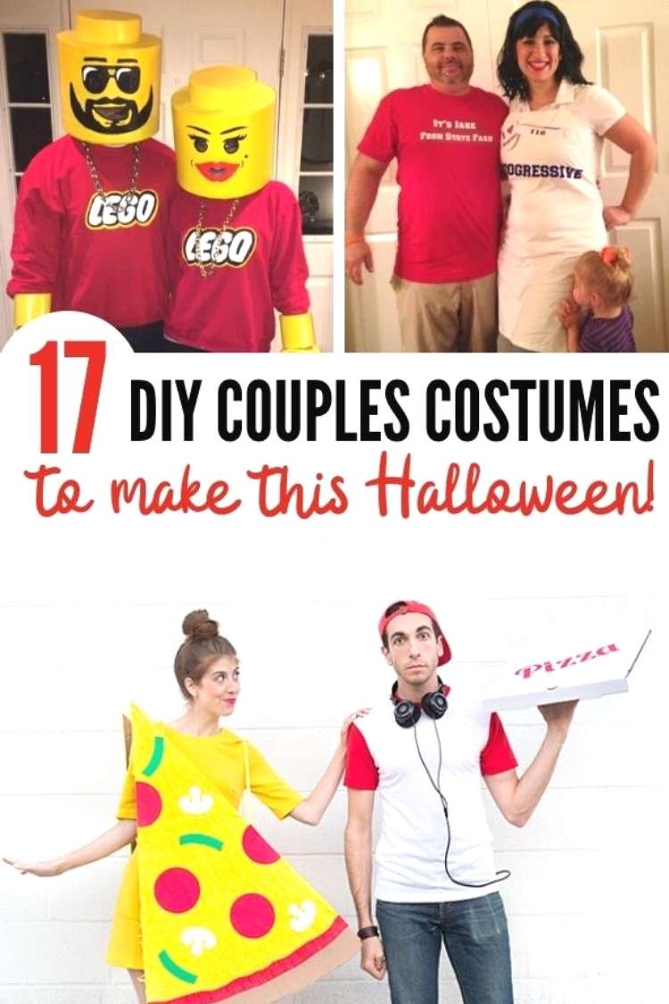Easy couples costumes - collage of lego costume, insurance agents, and pizza girl and delivery boy