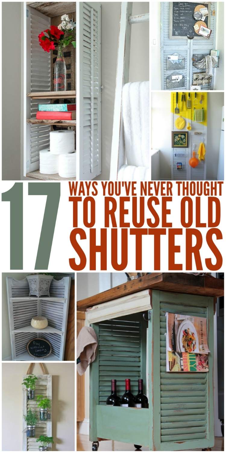 Old Shutters Ideas Collage - bathroom caddie, command center, kitchen storage, corner shelf, herb planter, kitchen islant