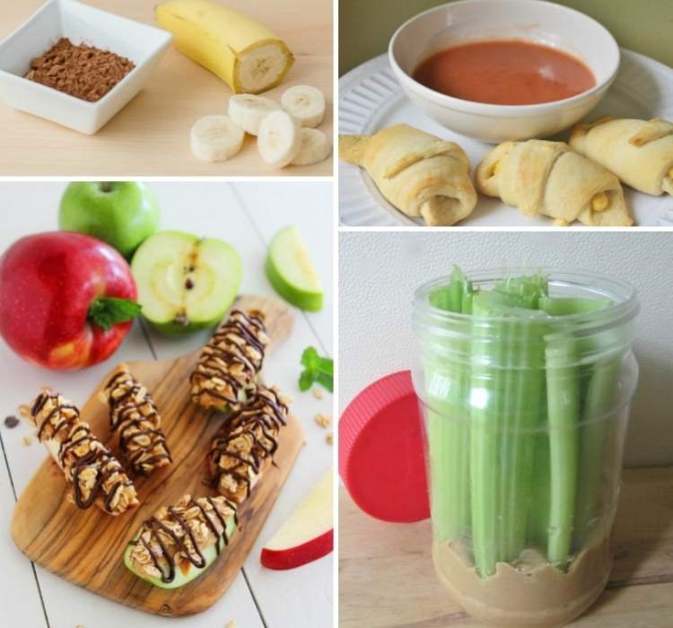 Snack Ideas- Collage of easy snack ideas, celery and peanut butter in a jar, banana and peanut butter, cheese and crescent rolls