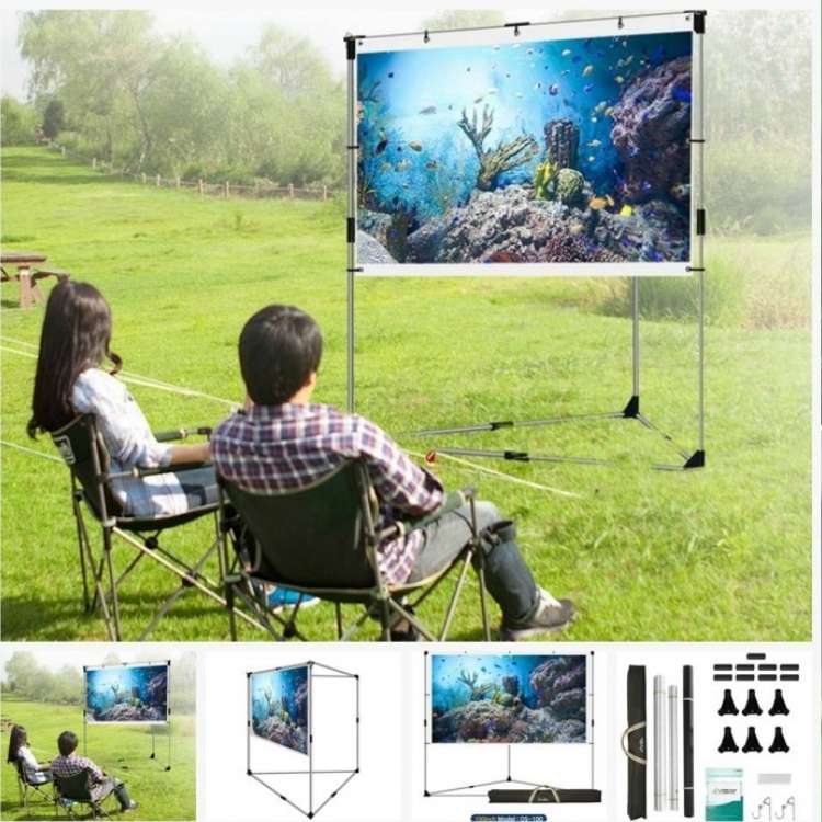 boy and girl sitting outside watching move on screen with collage of different set ups for screen