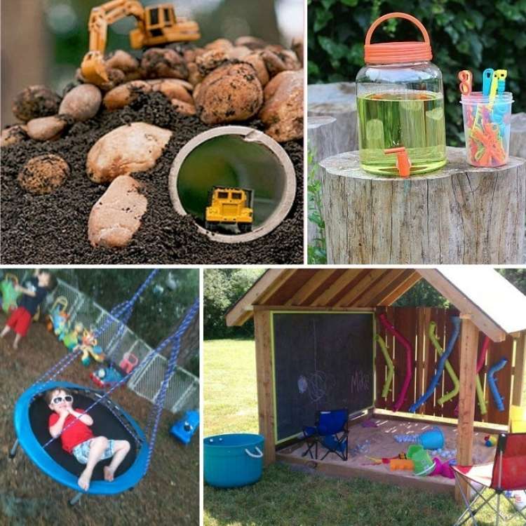 silly back yard ideas collage of construction, bubbles, sandbox & swing