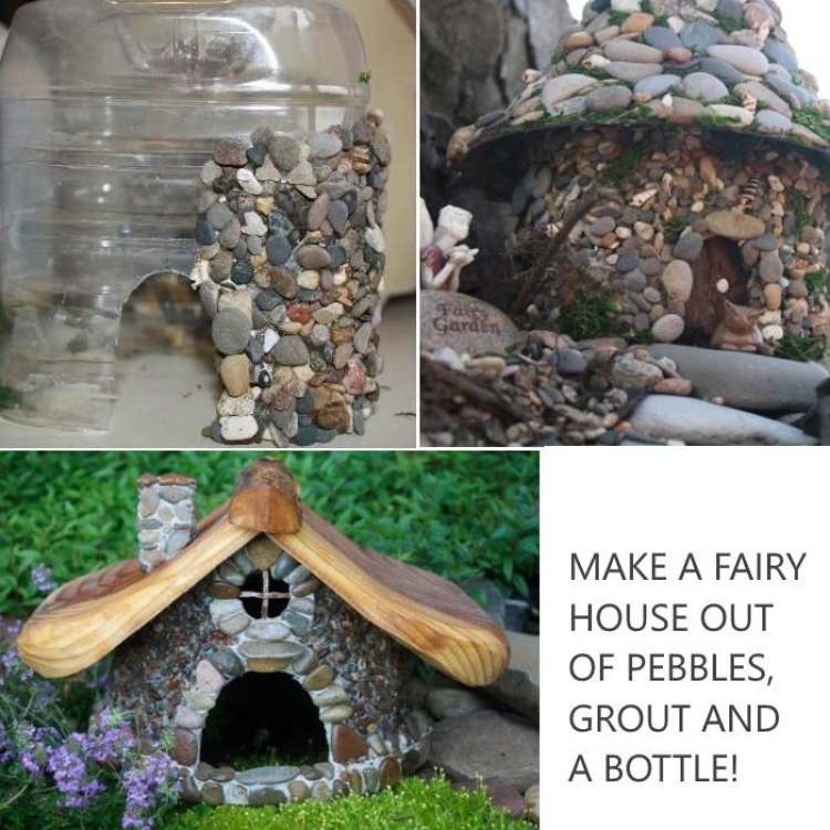 Garden Ideas: Collage of progression of building fairy house from pebbles