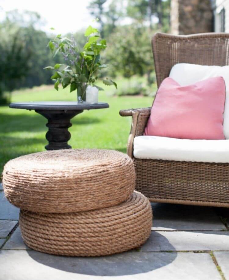 Rope ottoman made from old tire - patio diy ideas