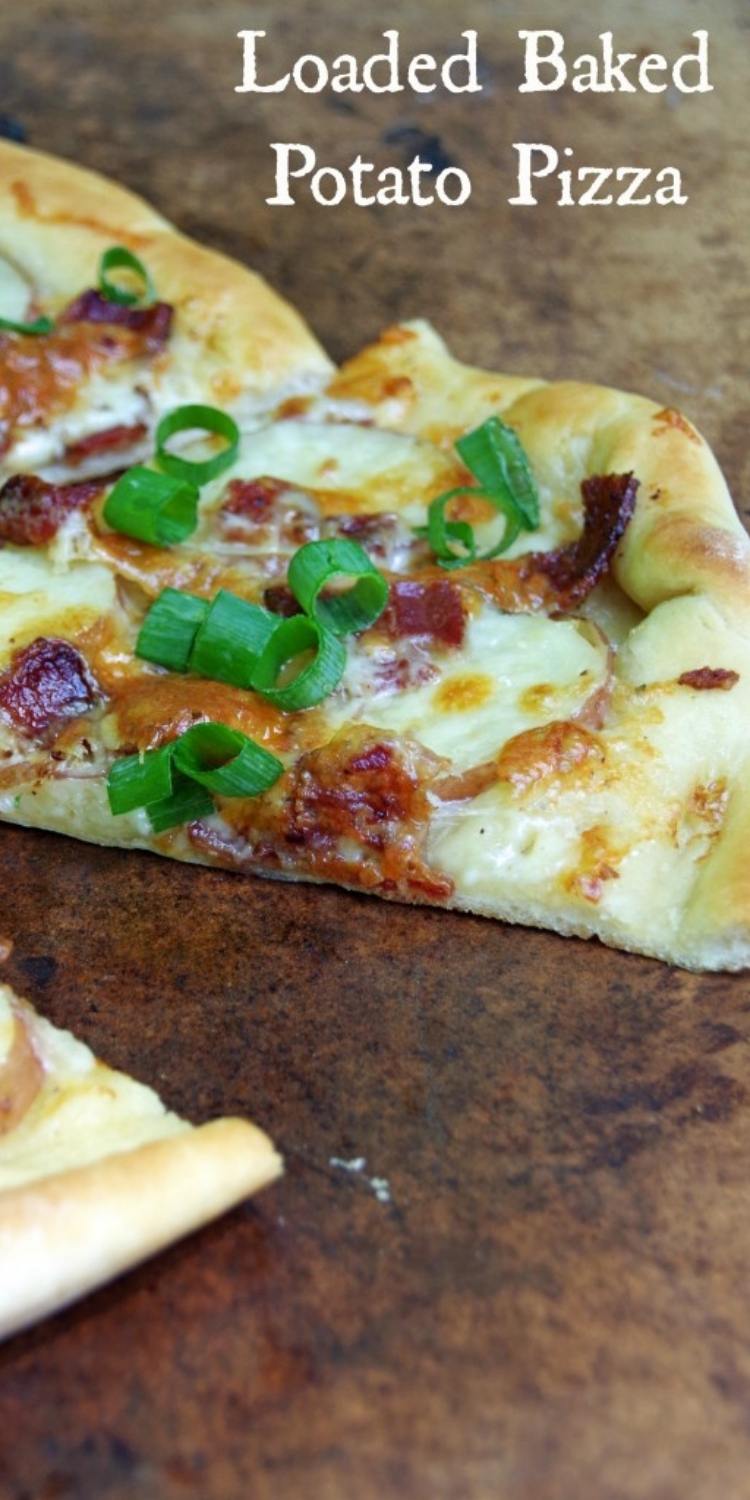 Comfort food in pizza form. Yummy Pizza topped with bacon, potatoes, and scallions. 