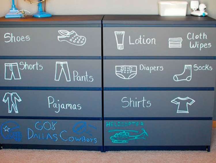 Baby clothes dresser with chalk labels