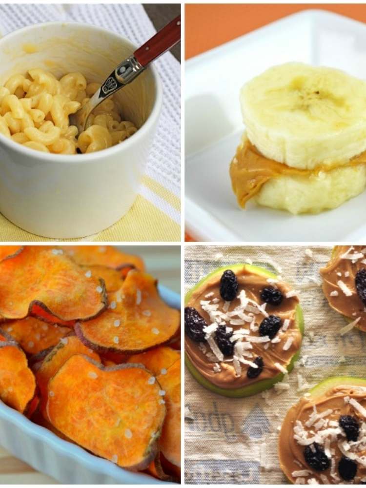 Snack Ideas for Lazy Parents- collage image of snack ideas for kids, banana bites, sweet potato chps, homemade mac and cheese, apple cookies