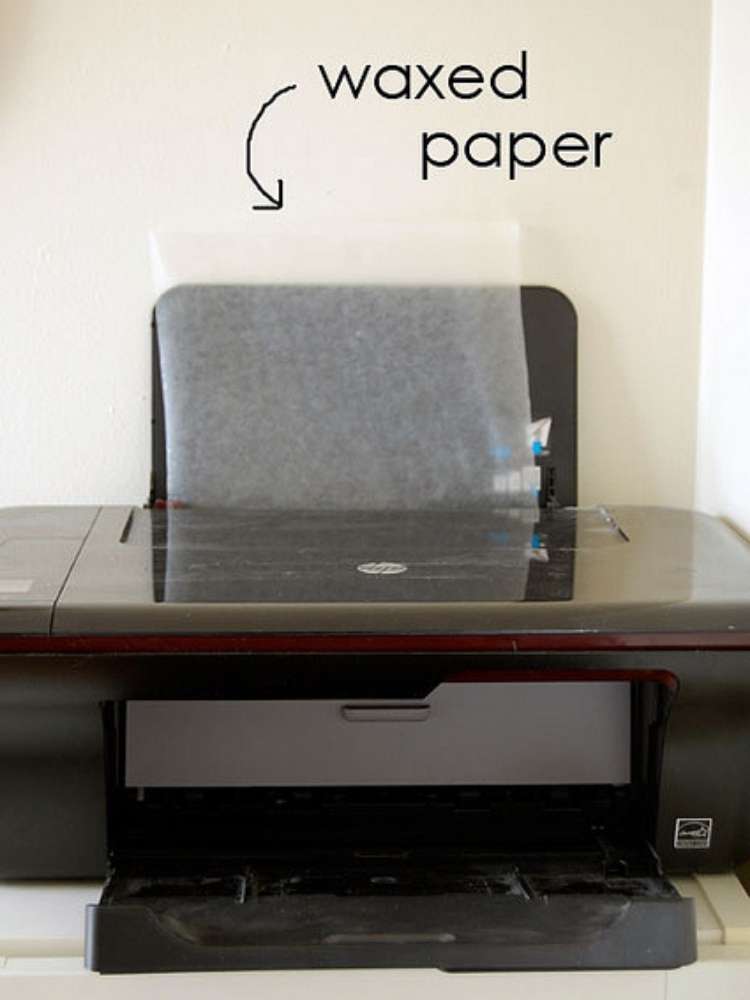 Picture of wax paper in printer to make decorative wood transfer images