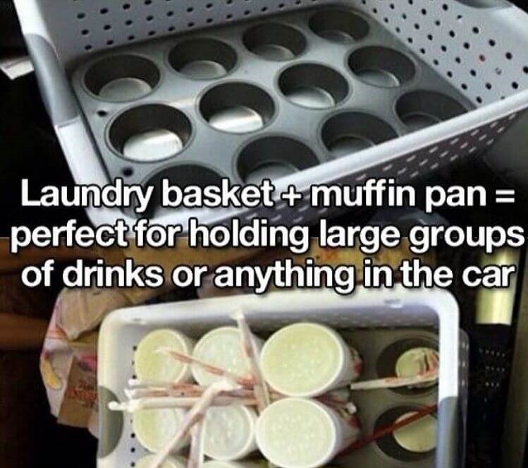 Car cleaning hack - a basket with a muffin tin in the bottom that is used as a drink carrier