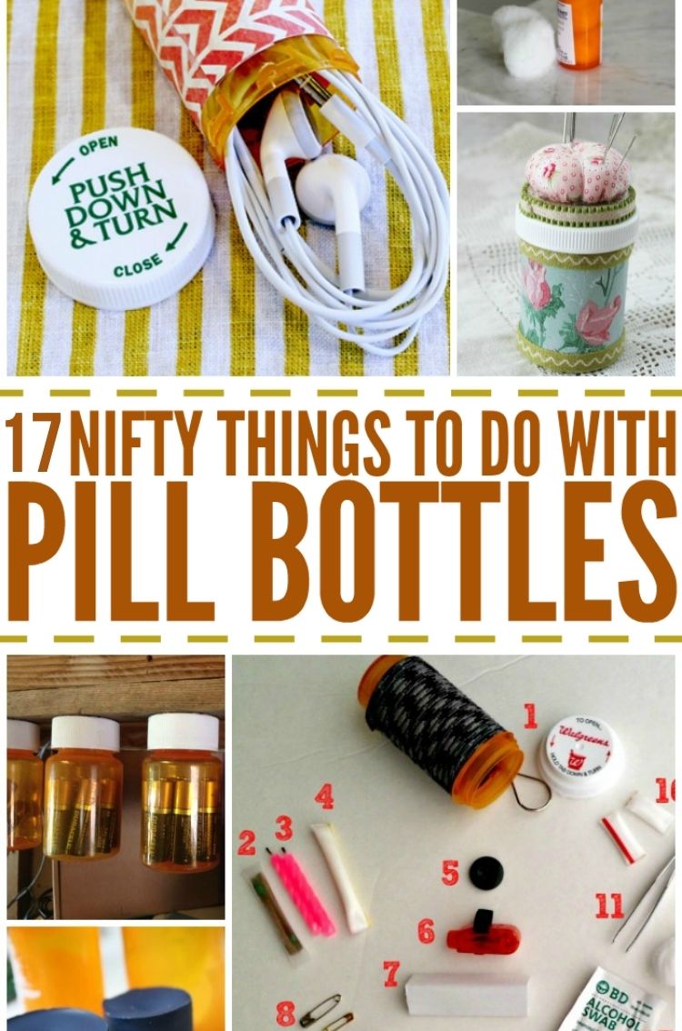 Collage of various repurpose ideas for old prescription bottles. 