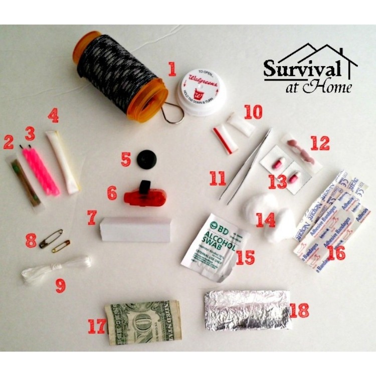 Repurpose Pill Bottle Mini Survival kit with needle and thread, money, alcohol swab, button, glue, and more