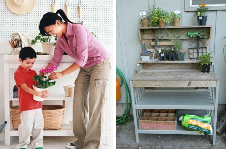 Woman and child planting flowers and a rustic grey and wood rustic potting bench