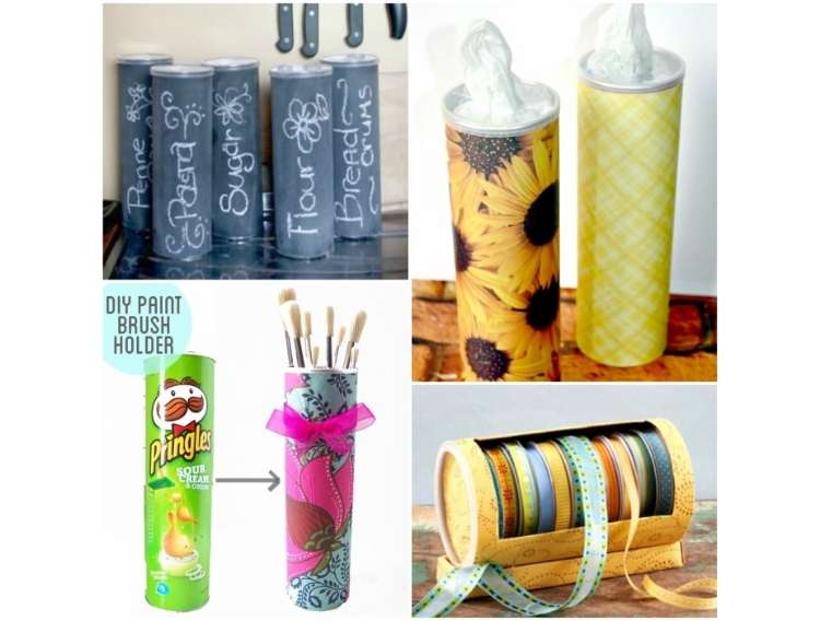 OneCrazyHouse Pringles Can Hacks Collage photo of repurposed Pringles cans, pringles cans used as pasta and flour holders, pringles cans used as paper towel dispenser, before and after of pringles can as a paint brush holder, pringles can as a ribbon holder.