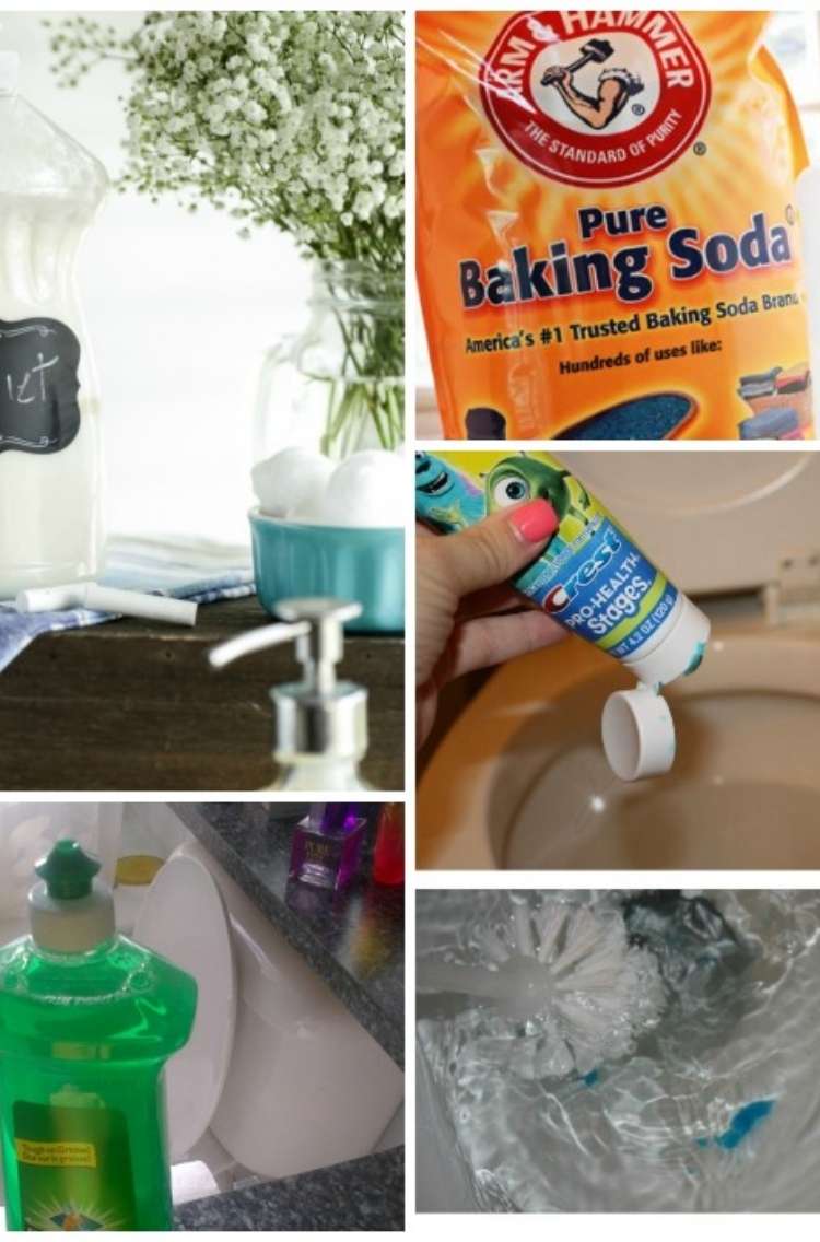 Collage of photoes, toilet cleaner in soapdish bottle next to toilet cleaning bombs with soap dispenser pump in foreground, bag of baking soda, tube of toothpaste being squeezed into toilet from above, bottle of dishsoap on couter next to toilet, brush being used to scrub toilet with toothpaste