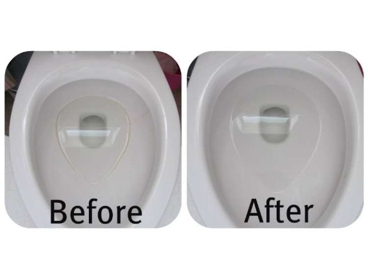 Before and after photos of a toilet bowl. The before photo shows some hard water ring stains in the rim, the after photo shows a clean bowl without ring stains