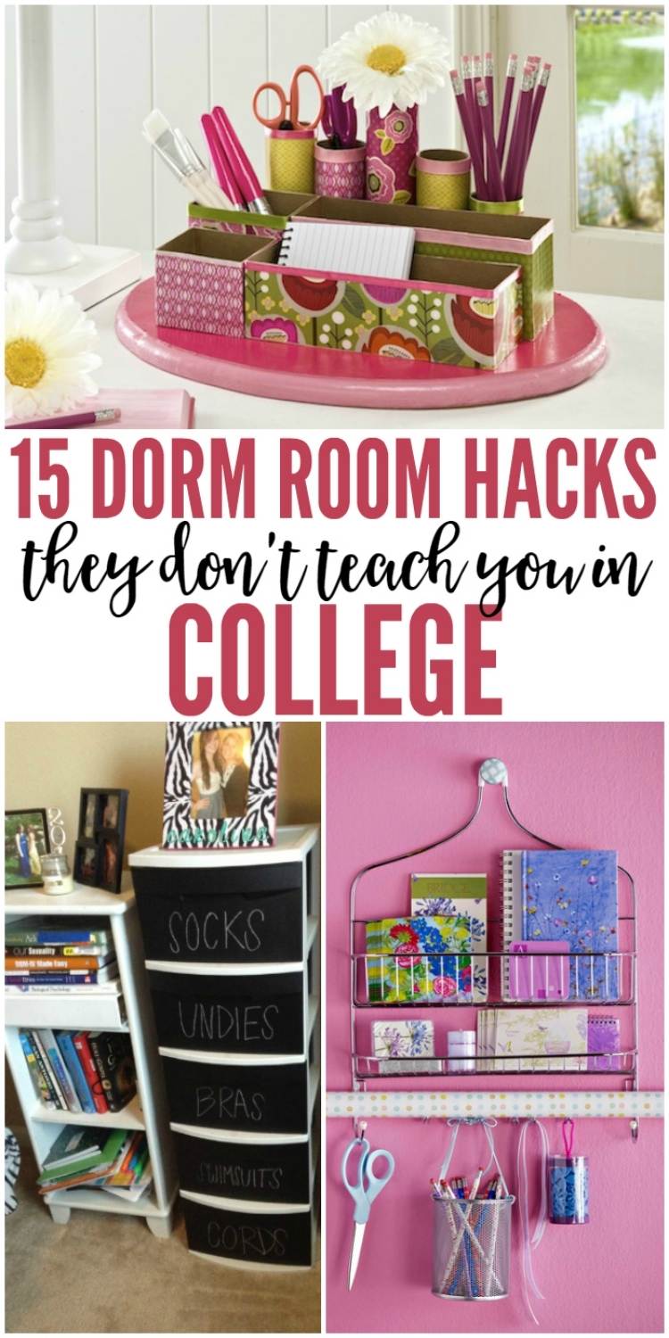 Dorm Room Hacks for organizing - collage with recycled desk organizer, painted plastic drawers, wire shower caddy supply organizer