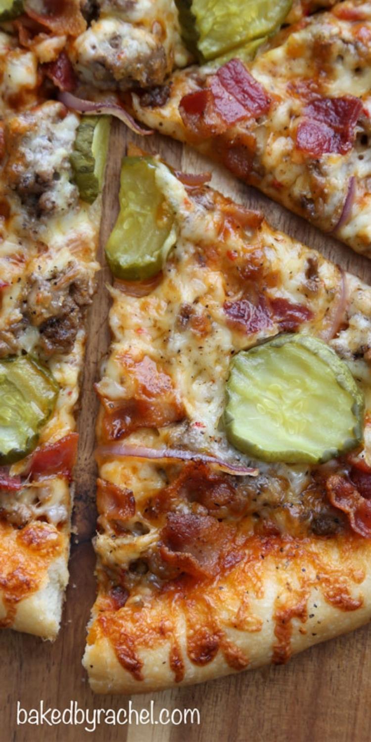 Bacon Cheeseburger Pizza Crazy pizza topping idea with ground beef, bacon, and juicy pickle slices.