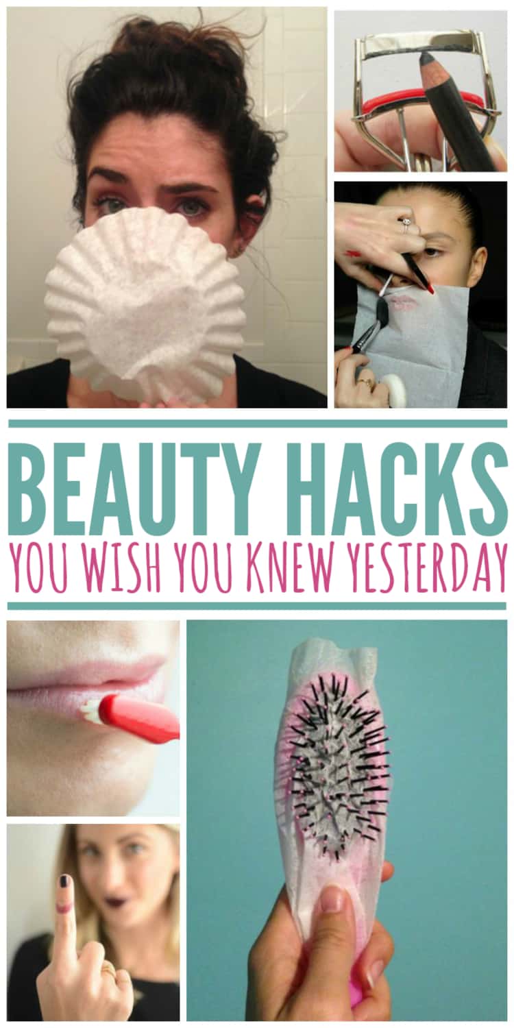 A collage of a lady using a coffee filter to blot out excess oil, a toothbrush being used to smoothen chapped lips, a dryer sheet wrapped around a hairbrush to prevent static, and a makeup artist using translucent powder to set lipstick 