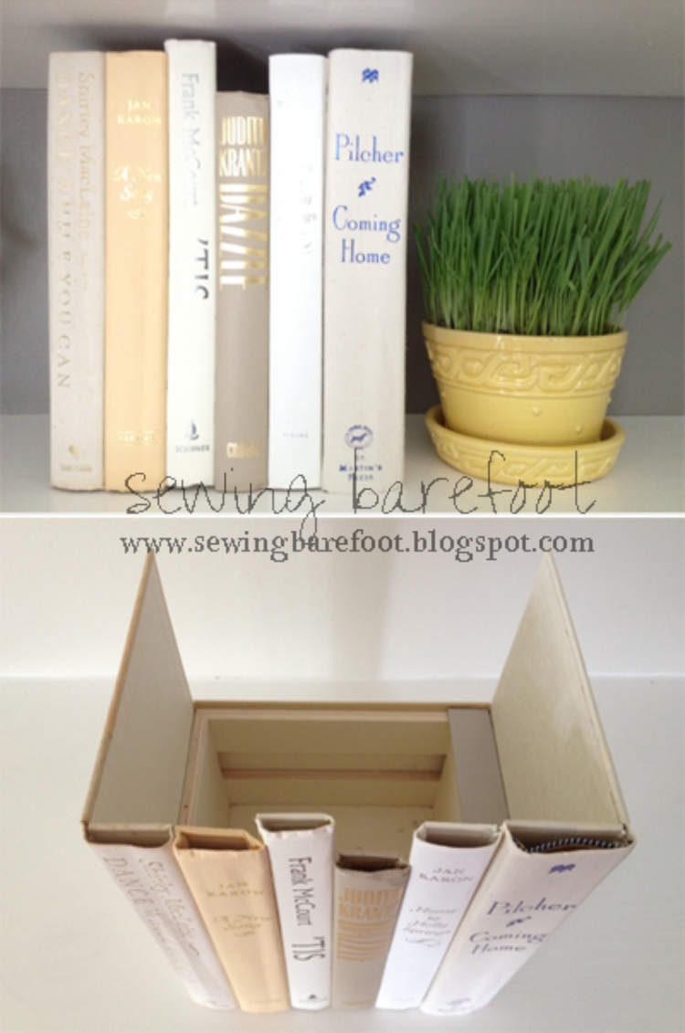 Old books being used to create a secret spot on a shelf to hide the clutter.