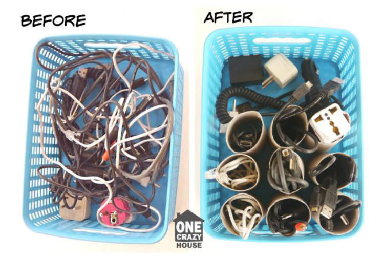 Clever ways to hide clutter - charger cables organized in baskets using toilet paper tubes