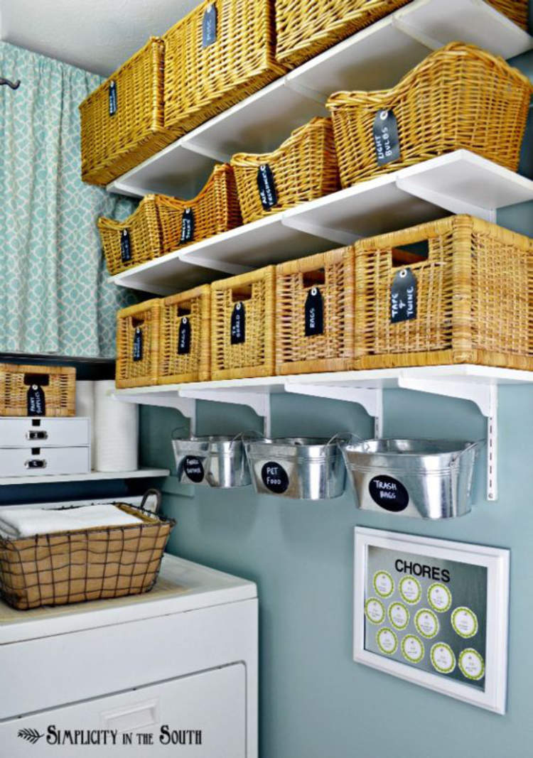 Rows of baskets on shelves being used to increase storage and hide away mess in a laundry room.