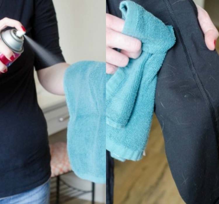 a person spraying hairspray on a towel to remove lint and pet hair