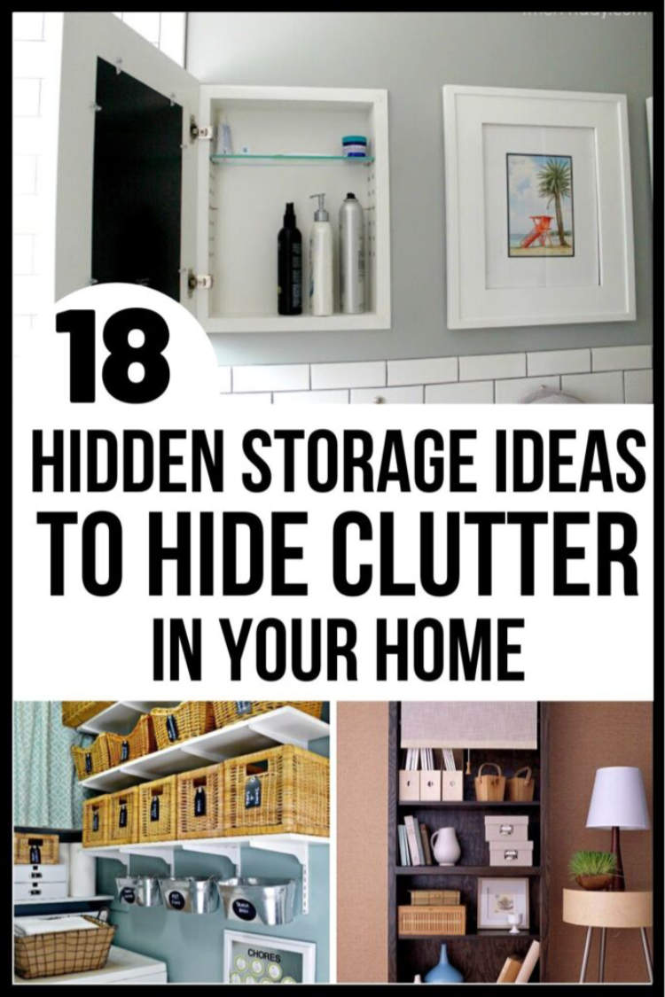 Hidden storage ideas including baskets to increase storage and bathroom storage hidden behind wall art.