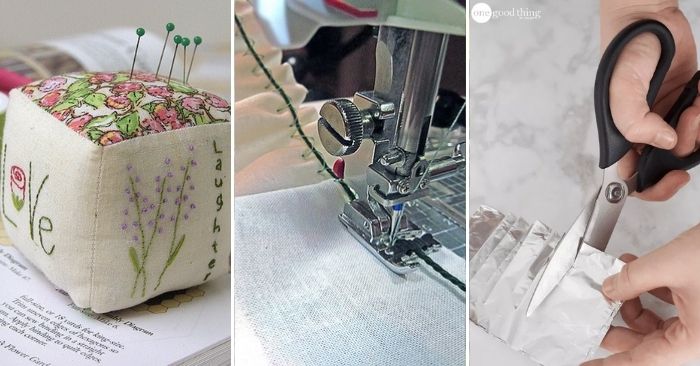 sewing hacks - sharpening pincushion, cheater gathers, and sharpening scissors with aluminum foil