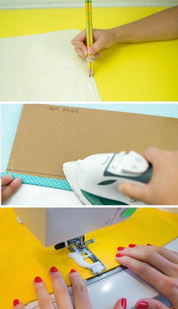  use two pencils together for seam allowance, create a simple hem guide out of cardboard, and one step button hole creation