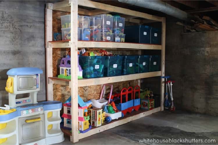 toys in basement organization on shelves