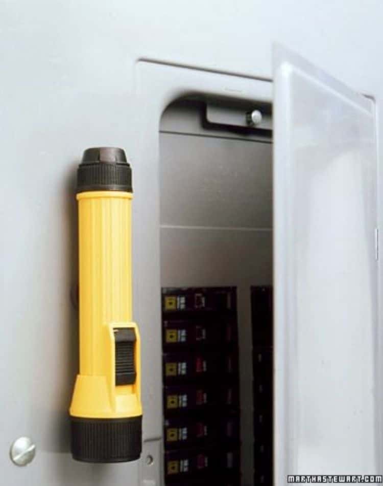 a yellow flashlight next to the fuse box in the basement