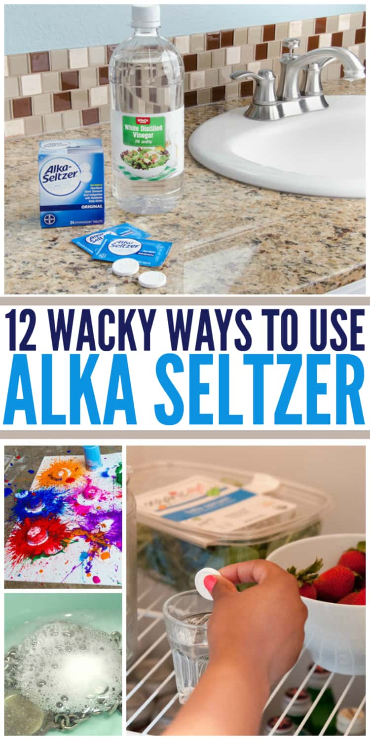 12 Wacky Ways to Use Alka-Seltzer: A collage of Alka-Seltzer tablets used to unclog a sink, to make explosive paint bombs, to deodorize a fridge and to remove tarnish from metal jewelry