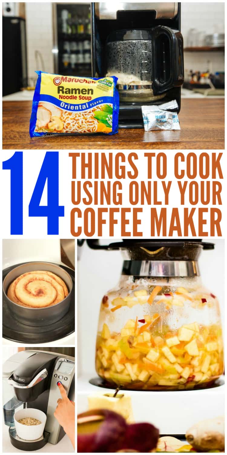 14 Things To Cook Using Only Your Coffee Maker; Collage of ramen, cinnamon roll, chutney, oatmeal