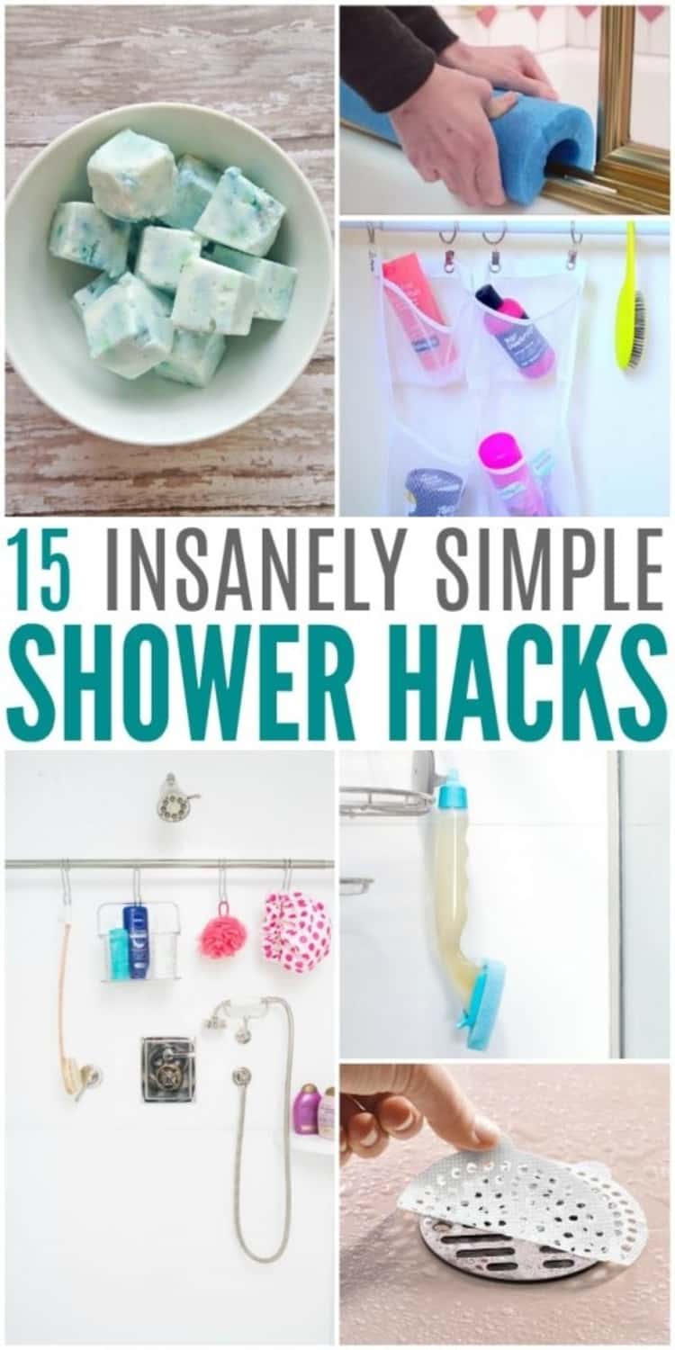 6-photo collage of 15 INSANELY SIMPLE SHOWER HACKS - DIY shower cubes, covering shower door tracks with pool noodles, mesh shoe organizer to hold shower products, extra shower curtain rod to hung shower products, hair trap to cover shower drain, and DIY shower cleaning wand.