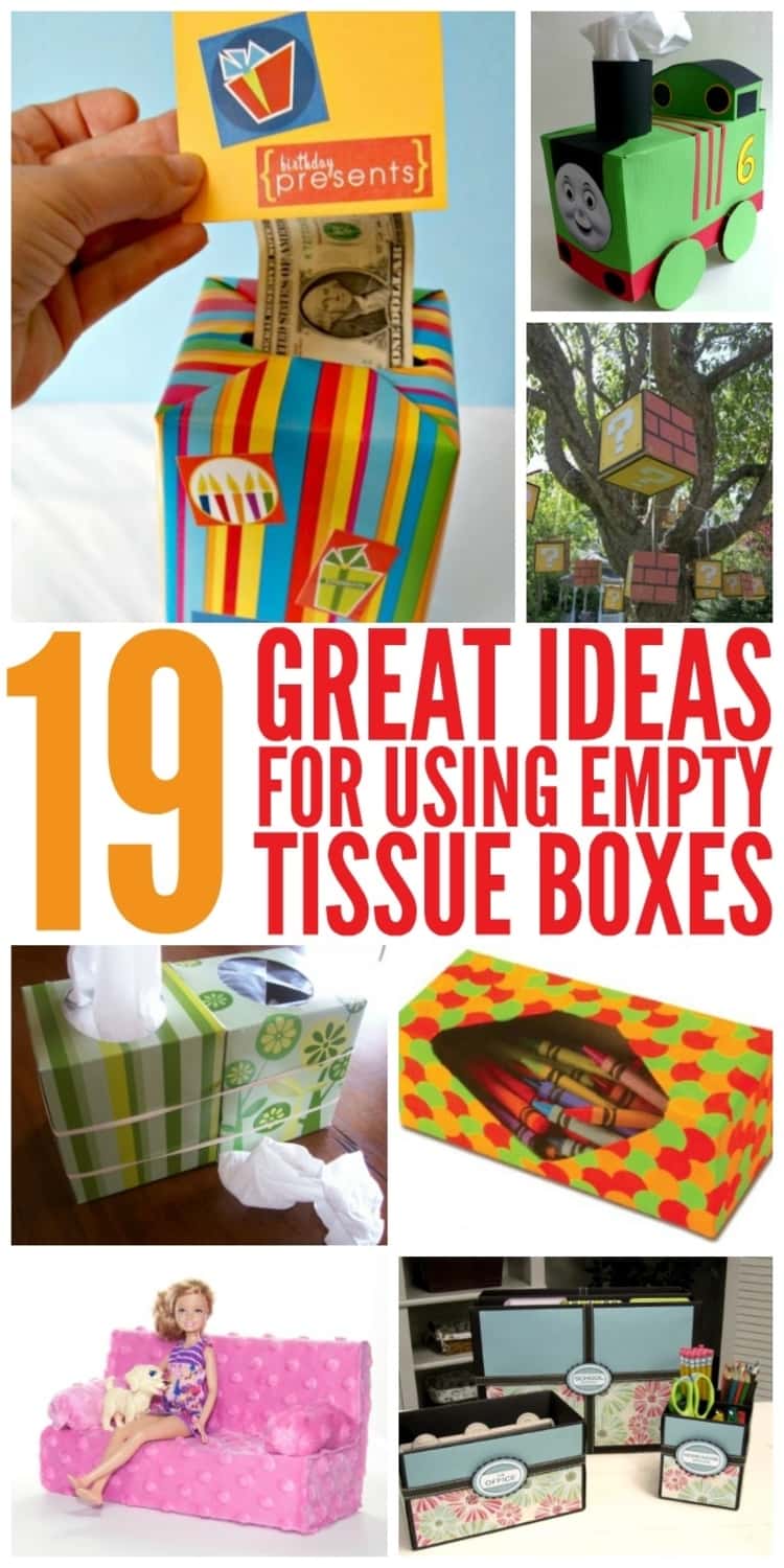 7-photo collage of 19 GREAT IDEAS FOR USING EMPTY TISSUE BOXES - gift in box, toy train, Mario-themed boxes hung in trees, instant mobile trash can, crayon caddy, Barbie doll couch, and customized work. home, or school stations. 