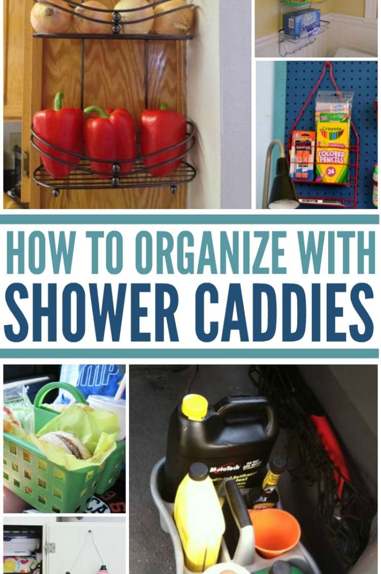 collage of shower caddy organization ideas
