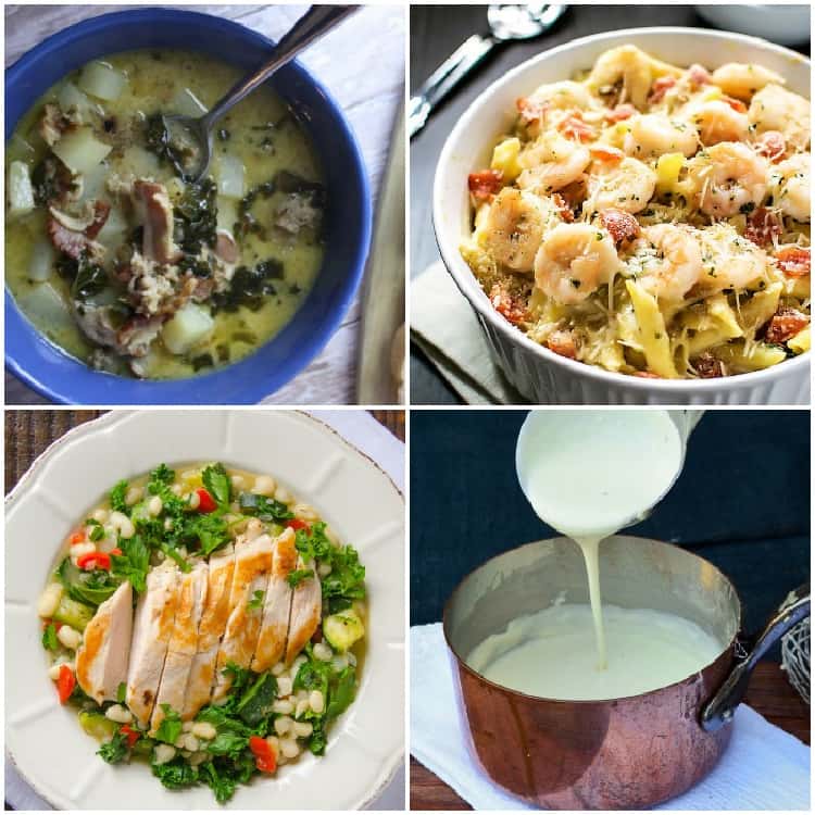 Olive Garden Copycat Recipes That Will Knock Your Socks Off 4 dishes Collage Pinterest zuppa toscana, cheesy shrimp with pasta, healthy chicken, alfredo sauce