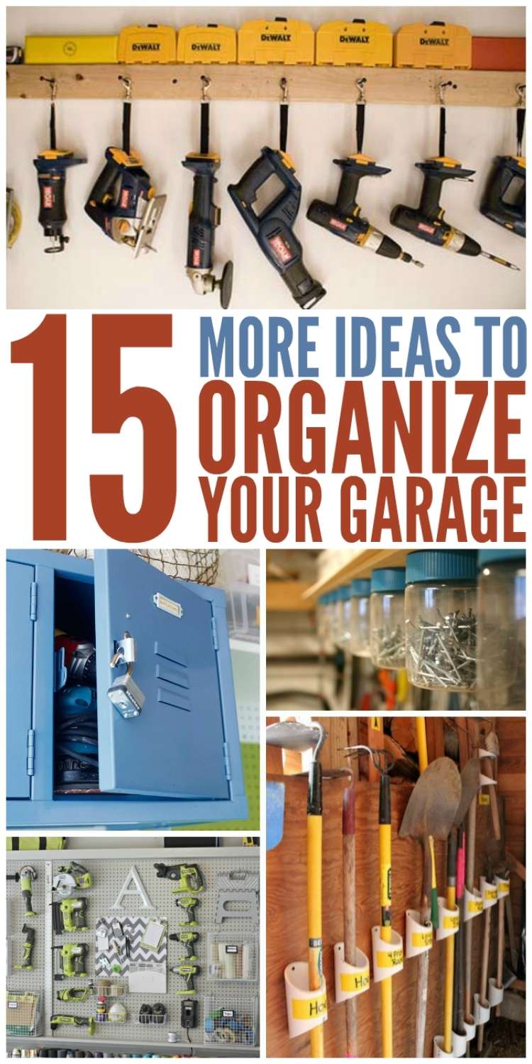 Pinterest Pin collage: 15 ideas to organize your garage- photo of locker, assorted jars, and tools