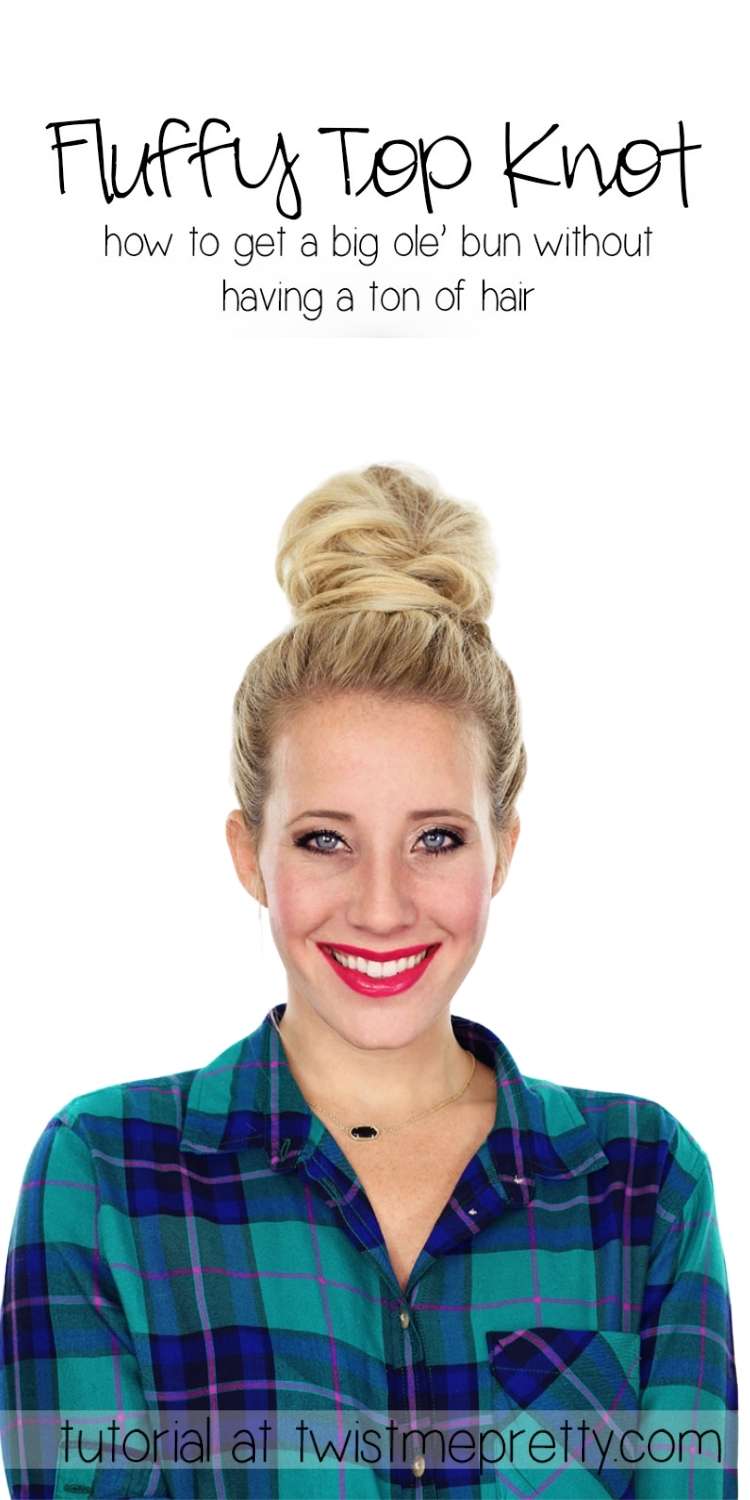  Fluffy top knot, smiling woman with hair in a large top knot