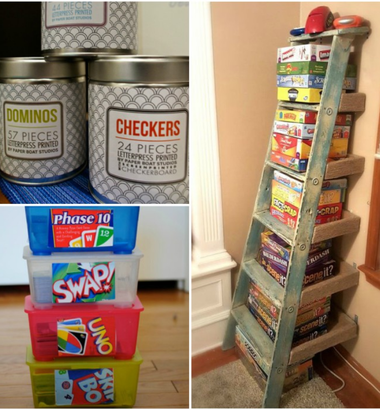 Board Game Storage Tips, custom labels, DIY repurposed ladder turned into a shelf, and pencil boxes turned into board game containers