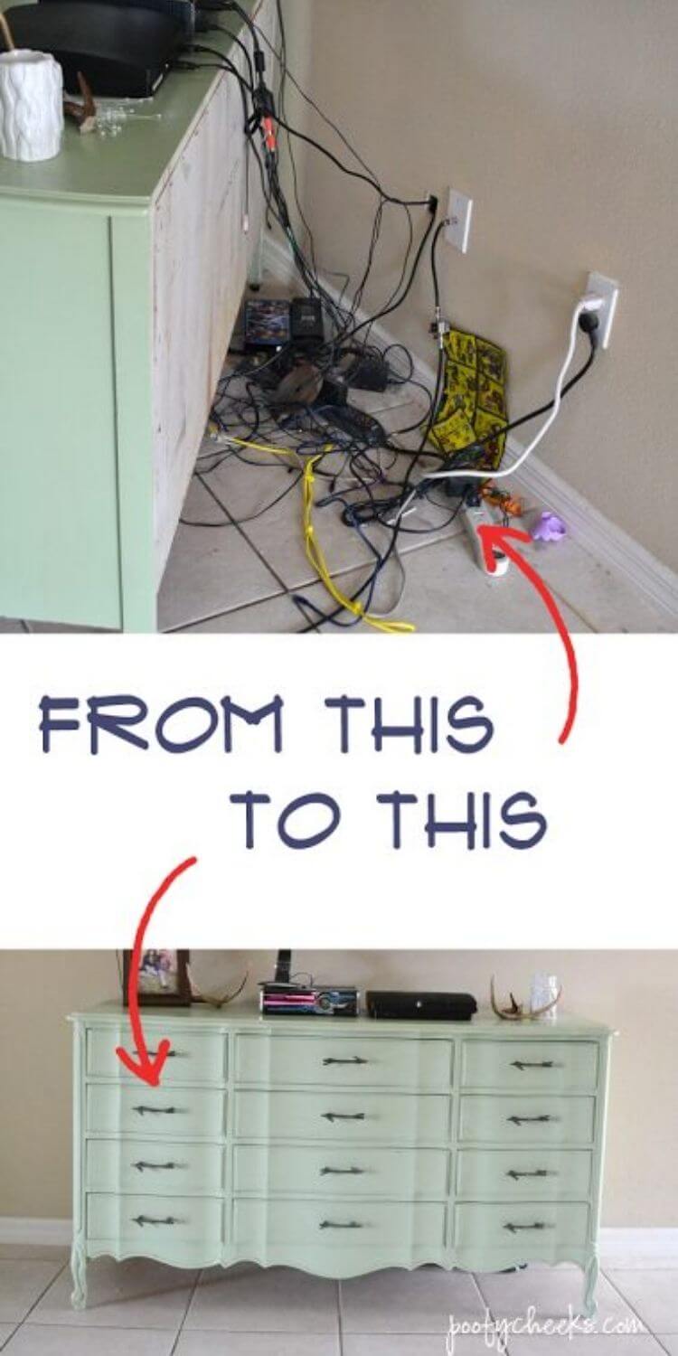 Before and after photo of cords organized behind an entertainment center