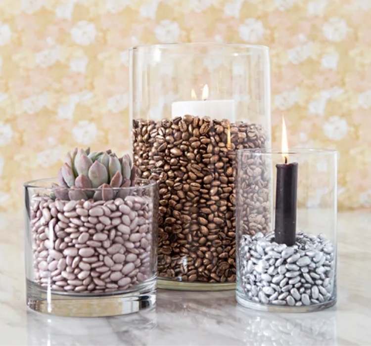 Picture of vase filler ideas, image shows spray painted beans in vases