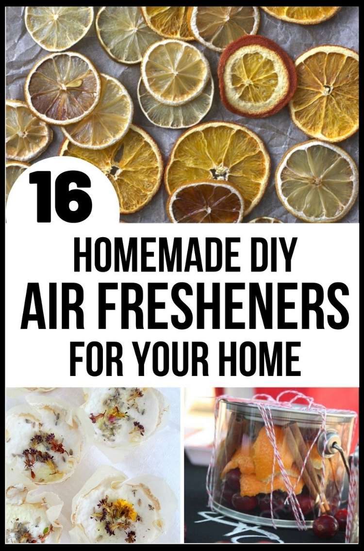 16 DIY Air Fresheners, collage of dried citrus wheels, baking soda bombs, and simmer-pot-mason-jars